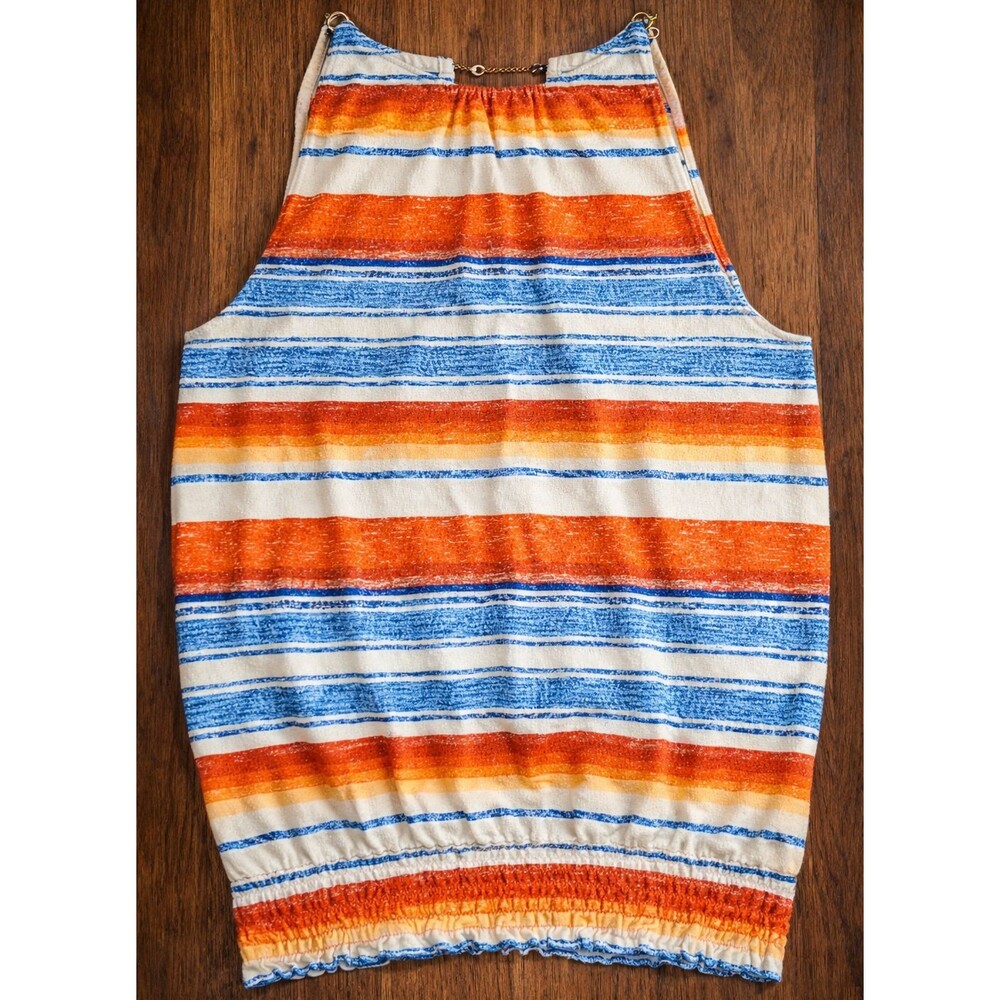 Y2K Chaps Halter Tank Top Orange Blue Striped Bubble Hem Womens XS Preppy